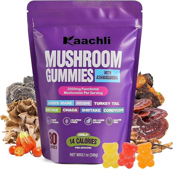 Ashwagandha and Mushroom Gummies 500mg with 8 Mushroom Blend (Reishi,Lion's Mane,Cordyceps) - Mushroom Gummies for Focus and Energy,Cognitive Boost -Mushroom Supplement for Adults,80 Count