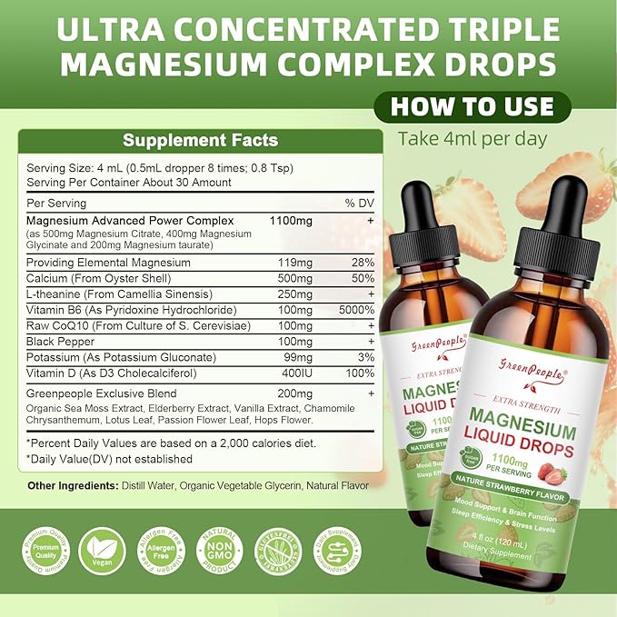 GREENPEOPLE Magnesium Glycinate Liquid Drop - 17-in-1 4Fl. Oz Triple Magnesium Complex Supplement with Glycinate 400mg & Citrate 500mg Taurate/L-Theanine for Calm Mood/Muscle/Sleep,Strawberry Flavor
