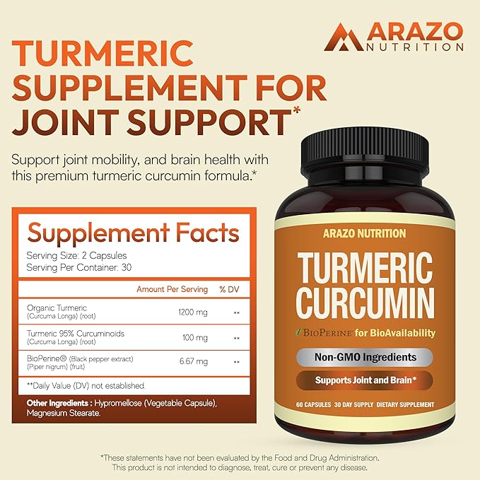 Arazo Nutrition Turmeric Curcumin with BioPerine Black Pepper Extract - 1300mg Per Serving - Joint Support Nutritional Supplements - 100% Herbal Tumeric Root Capsules