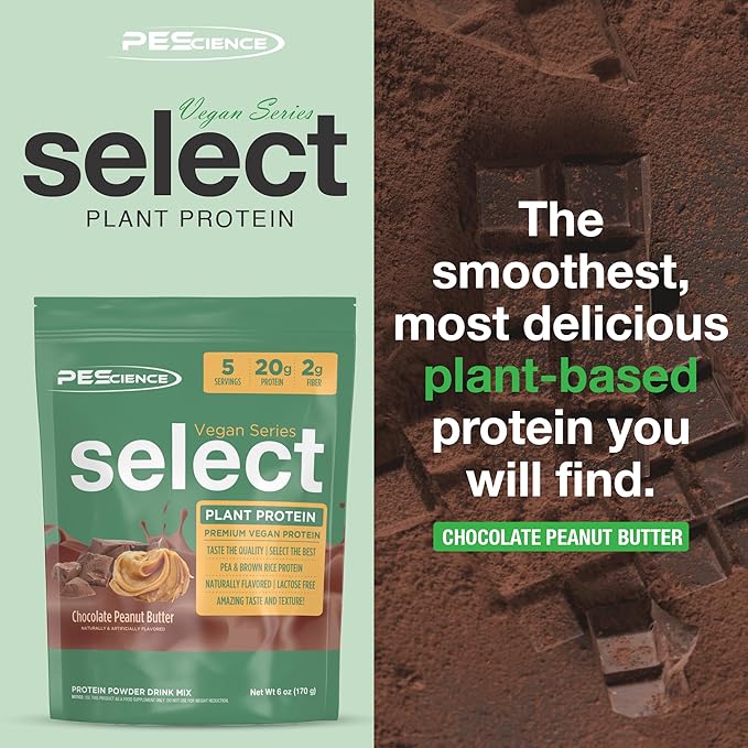 PEScience Select Vegan Protein Powder, Plant Based Protein Powder, Amazing Taste, Smooth Texture, Pea and Brown Rice Blend, Dairy Free, Lactose Free, Gluten Free - Chocolate Peanut Butter, 5 Servings