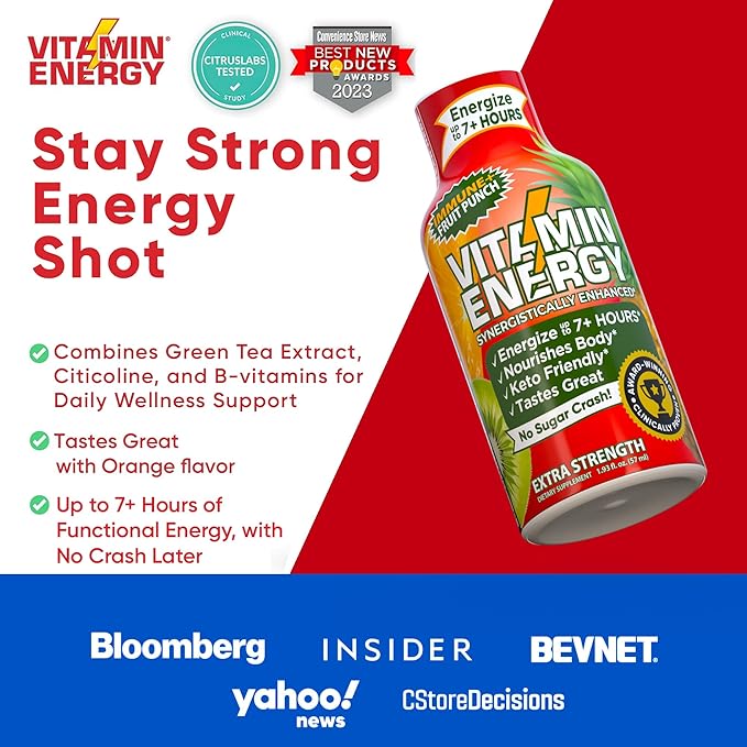 Vitamin Energy Immune+ Extra Strength Energy Shot Fruit Punch 24 Pack, 260mg Natural Caffeine, B-Vitamins, Citicoline, Green Tea, Immunity & Focus Support, Zero Sugar, Gluten-Free 1.93 fl oz