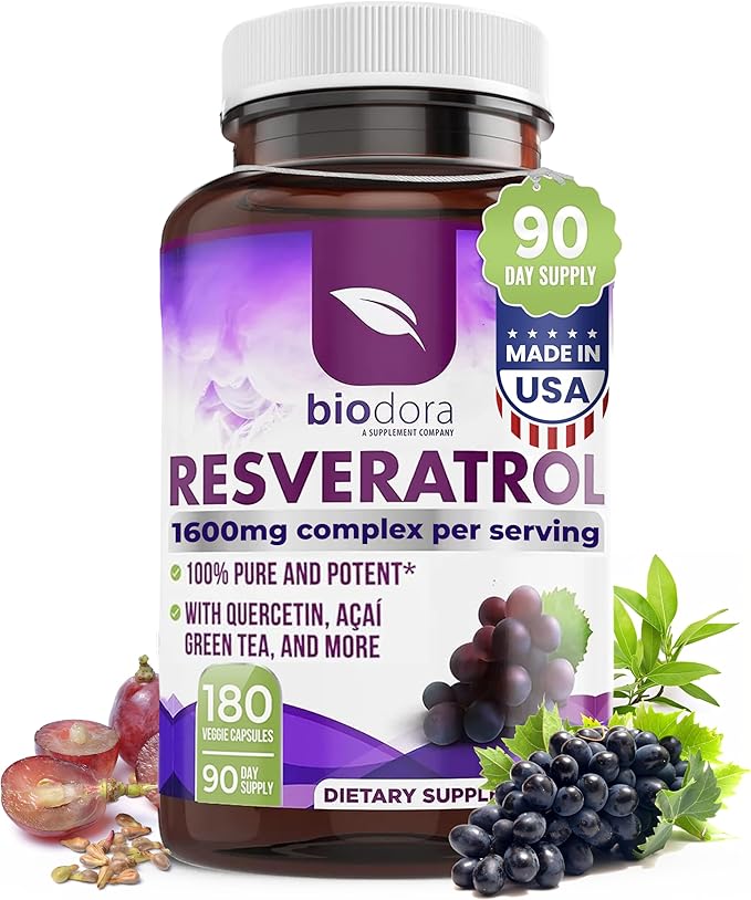 Resveratrol 1600mg - 180 Capsules | Trans-Resveratrol Antioxidant Supplement with Natural Green Tea, Grape Seed Polyphenols & Quercetin, Supports Digestive, Heart Health, Immune System, Brain Function