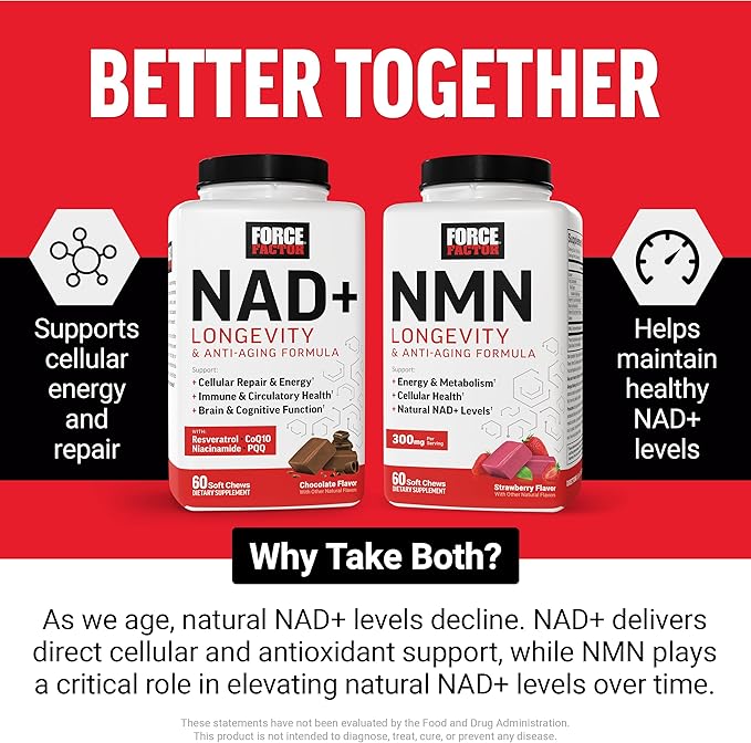 Force Factor NMN Longevity & Anti-Aging, Nicotinamide Mononucleotide, NAD+, Support Cellular Health, Cellular Repair, Energy Metabolism, Strawberry, 60 Soft Chews