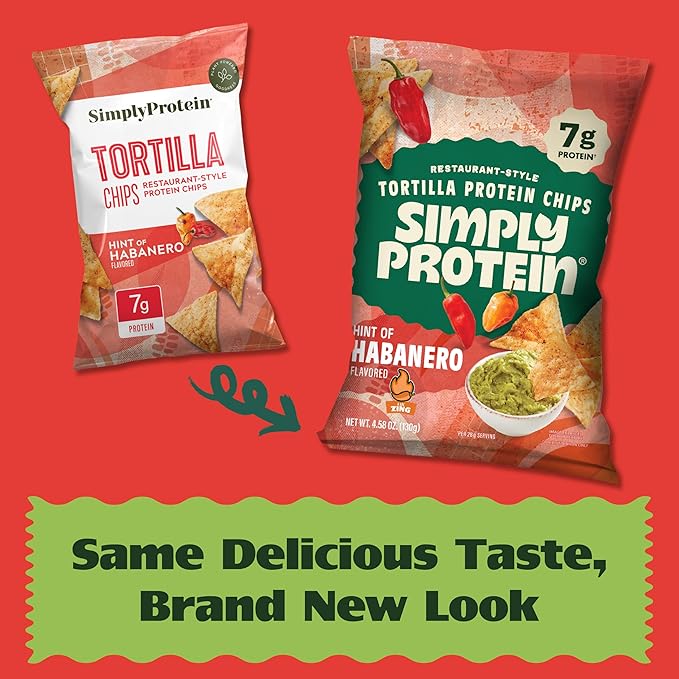 Simply Protein - Tortilla Chips, Restaurant Style Protein Chips, Hint of Habanero (3-Pack) - 7g Protein, 140 Calories, Gluten Free, Vegan - Plant Based Pea Protein Snacks - 3 Bags, 4.58oz (130g)