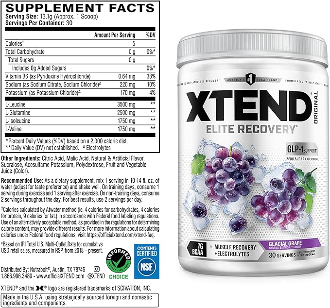 Xtend Original BCAA Powder, 7g BCAAs and 2.5g L-Glutamine for Muscle Recovery Hydration and Lean Muscle, Sugar Free Intra and Post Workout Drink with Electrolytes, Glacial Grape, 30 Servings