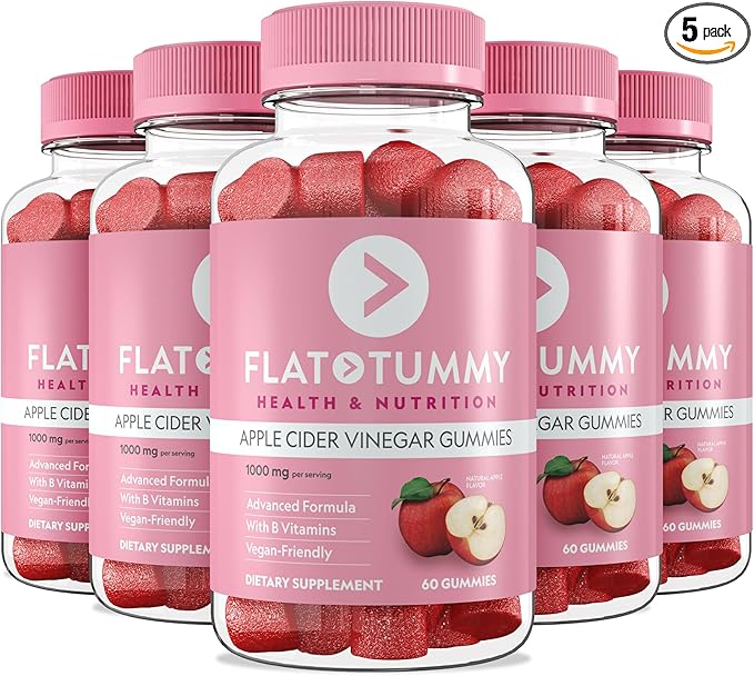 Flat Tummy Apple Cider Vinegar Gummies, 60 Count – ACV Gummies, Detox, Support Gut Health – Vegan-Friendly, Non-GMO - Beet and Pomegranate Superfood Powders, Vitamins B6, B9 & B12 (Pack of 5)