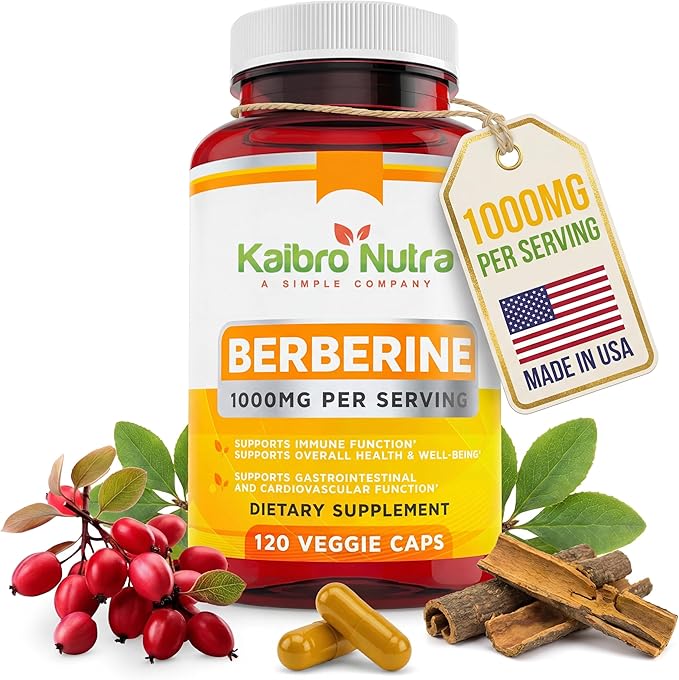 Kaibro Nutra Berberine Supplement 1000mg, Berberine HCL for Immune System, Glucose Support, Circulatory & Gastrointestinal Health, Vegan & Gluten-Free, 120 Capsules