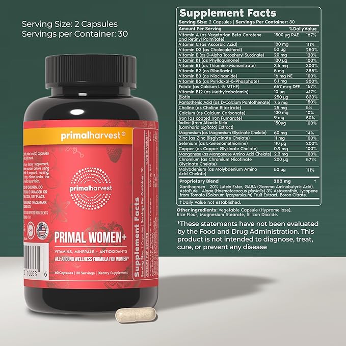 Primal Harvest Women+, Woman's Multivitamin Vitamin A, Vitamin C, Vitamin D and E, Vitamin B12, B6, Biotin, Zinc Supplements,1 Pack 60 Capsules