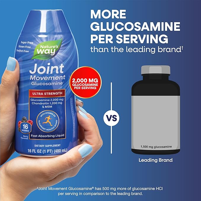 Nature’s Way Ultra-Strength Joint Movement Glucosamine Liquid, Glucosamine, Chondroitin, MSM with Vitamin D3 & Hyaluronic Acid, Fast-Absorbing Liquid, Joint Support Supplement*, Berry Flavored, 16 Oz