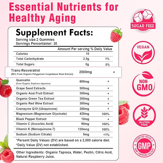 Organic Resveratrol Gummies for Women - Sugar Free Resveratrol-Nutritional-Supplements for Antioxidant Support, Cellular Health, Immunity, Brain & Energy, Raspberry Flavor, 60 Count