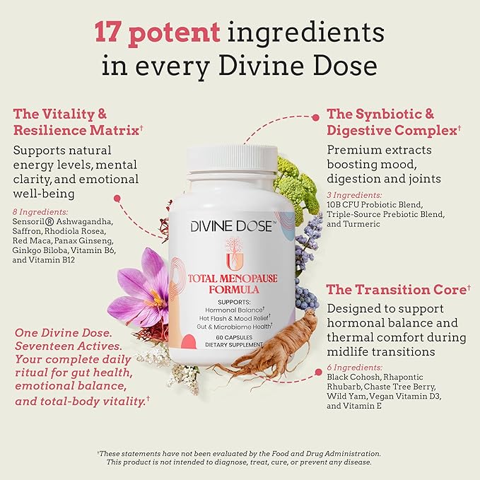 Total Menopause Formula 17-in-1 Support Supplement for Women with Ashwagandha, Black Cohosh, Maca, Probiotics, Vitamins D3, B6, B12 for Balance, Vitality & Mental Clarity | 60 Capsules