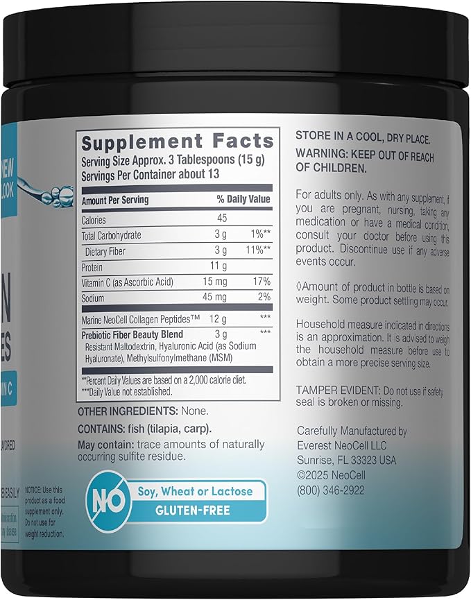 NeoCell Marine Collagen Peptides Powder | 7 oz | Unflavored Supplement | with Vitamin C and MSM | Plus Hyaluronic Acid | Prebiotic Fiber Beauty Blend | Hair, Skin, & Nails | for Women and Men