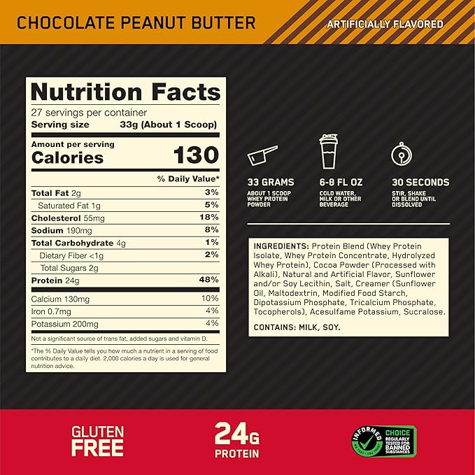 Optimum Nutrition Gold Standard 100% Whey Protein Powder, Chocolate Peanut Butter, 2 Pound (Packaging May Vary)