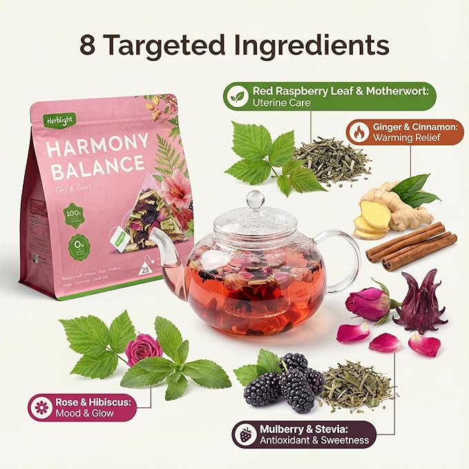 Herblight Harmony Balance Tea with Red Raspberry Leaf, Rose & Ginger - Caffeine-Free Herbal Blend for Women's Cycle Support & Monthly Comfort - Premium Whole Leaf Tea (25 Pyramid Bags)