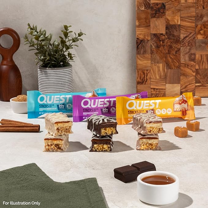 Quest Nutrition Stacks Protein Bars, Salted Caramel Flavor, 20g Protein, 2g Net Carbs, 1g Sugar, High Fiber, Low Sugar, Gluten Free, 4 Count