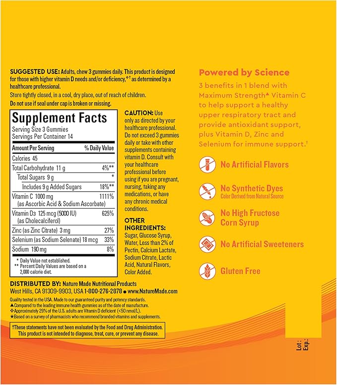 Nature Made Wellblends ImmuneMAX Gummies, Vitamin C, Zinc, and Vitamin D3, Immune Support Supplement, 42 Tangerine Flavor Gummies