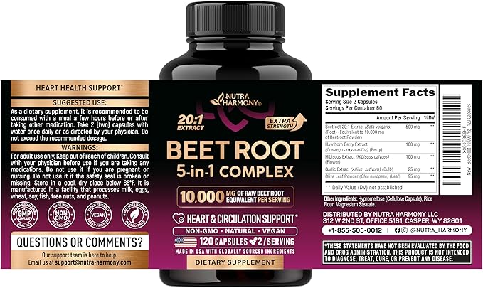 Beet Root 5-in-1 Complex Capsules - Healthy Blood Pressure Support Supplement** for Heart & Circulation Support - Olive Leaf, Hawthorn Berry & Hibiscus - for Men & Women - Made in USA, 120 Capsules