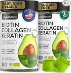 Biotin for Hair Growth Women/Men 12000mcg, Skin & Nails Support Gummies + 70000mcg Collagen Peptides (Collagen Powder in Gummy Form) + 20000mcg Keratin + Retinol, Sugar Free, 120 Gummies (2 Pack)