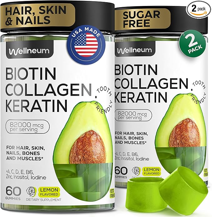 Biotin for Hair Growth Women/Men 12000mcg, Skin & Nails Support Gummies + 70000mcg Collagen Peptides (Collagen Powder in Gummy Form) + 20000mcg Keratin + Retinol, Sugar Free, 120 Gummies (2 Pack)