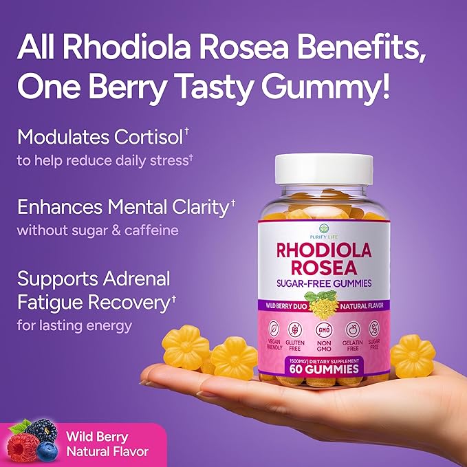 Sugar-Free Rhodiola Rosea Gummies (1500mg/Serving) Cortisol Detox & Adrenal Support Rhodiola Rosea Supplement for Mood, Stamina & Performance, Motivation, Non-GMO, 60 Vegan Chews