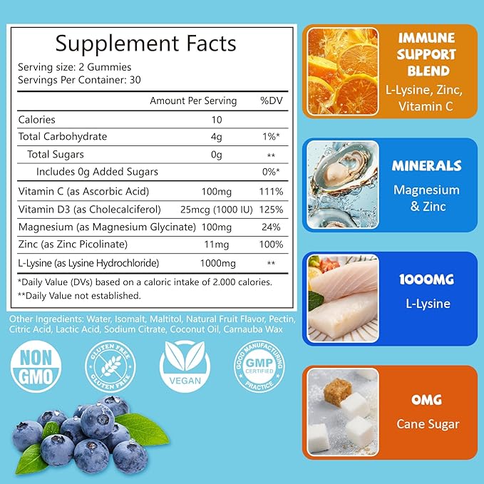 L-Lysine Gummies 1000mg, 5 in 1 Extra Strength for Immune Support, Skin & Lip Health, Chewable Lysine Supplement for Kids Adults, 60 Count