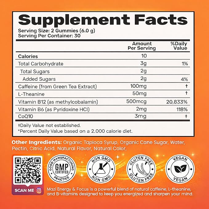 Energy & Focus Gummies | 100mg Natural Caffeine + L-Theanine + Vitamin B6 & B12 + CoQ10 | Nootropic Cognitive Brain Performance Supplement | No Crash or Jitters