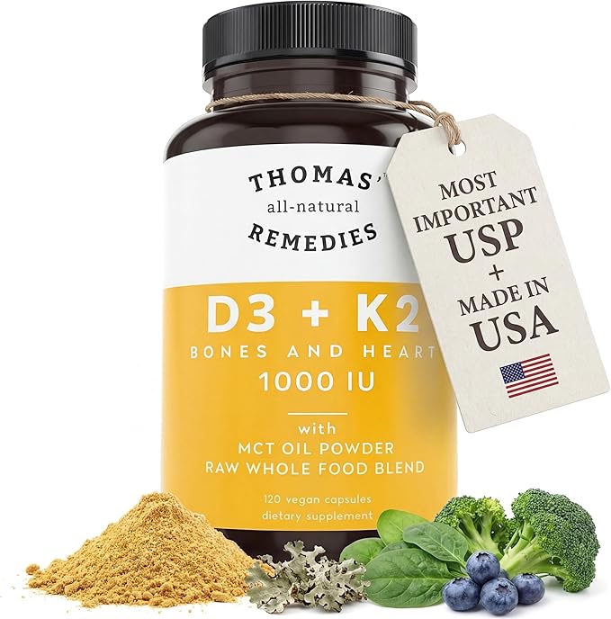 Thomas' all-natural Remedies D3 + K2 with MCT Oil for Better Absorption & Raw Whole Food Blend, 1000 IU D3, Vegan, Made in USA, Support for Your Heart, Bones & Teeth, Non-GMO (120ct)