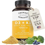 Thomas' all-natural Remedies D3 + K2 with MCT Oil for Better Absorption & Raw Whole Food Blend, 1000 IU D3, Vegan, Made in USA, Support for Your Heart, Bones & Teeth, Non-GMO (120ct)