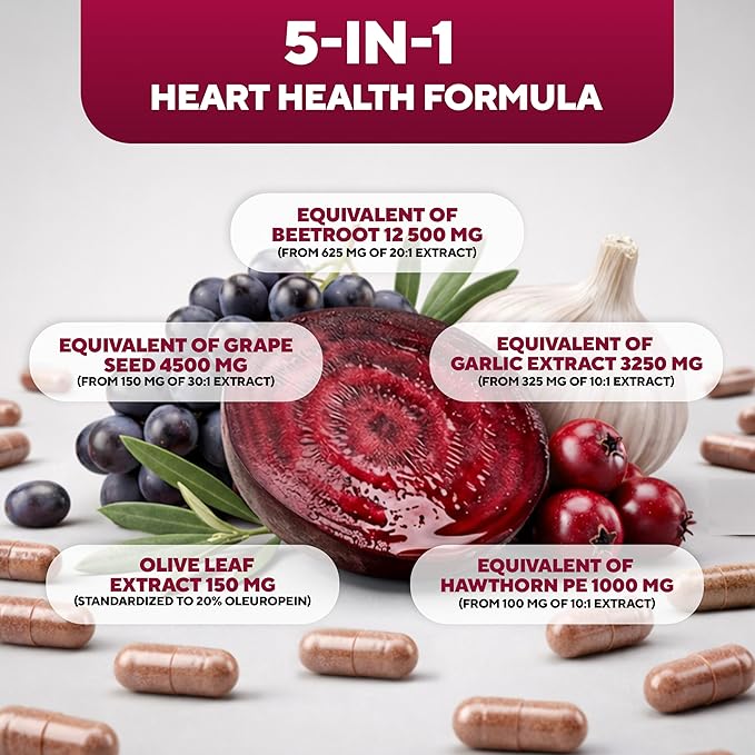 VitaUp Beet Root Capsules - USA Made Beetroot Supplement for Normal Circulation, Nitric Oxide & Heart Support - 5-in-1 Beets with Grape Seed, Garlic Extract, Hawthorn Berry, Olive Leaf - 90 Vegan Caps