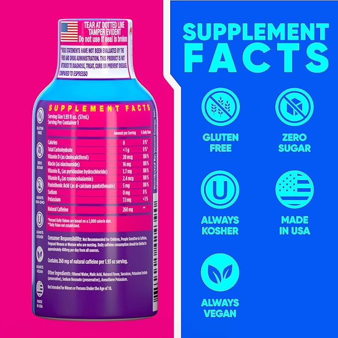 Vitamin Energy Vitamin D Extra Strength Energy Shot Mixed Berry 24 Pack, 260mg Natural Caffeine, B-Complex, Vitamin D, Wellness Support, Keto, Zero Sugar, Gluten-Free Vegan Kosher, 1.93 fl oz