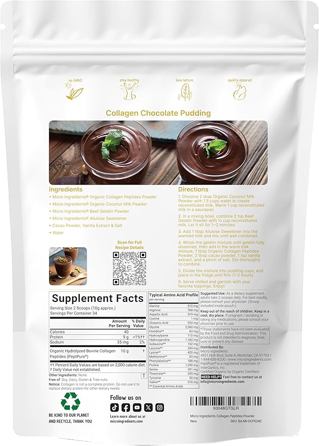 Micro Ingredients Collagen Peptides Powder Organic, 12oz | Type I & III + Natural Protein | Grass-Fed Bovine Source | Unflavored | Supports Skin, Joint & Bone Health | Paleo, Non-GMO