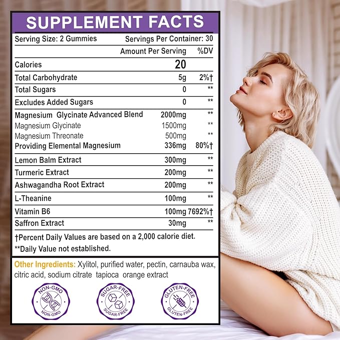Magnesium Glycinate Gummies Supplement for Adults Women, Magnesium Gummies with L-Threonate, Ashwagandha, Vitamin B6- Sleep, Relaxation, Calm, Energy, Vegan, Sugar Free, 60 Count