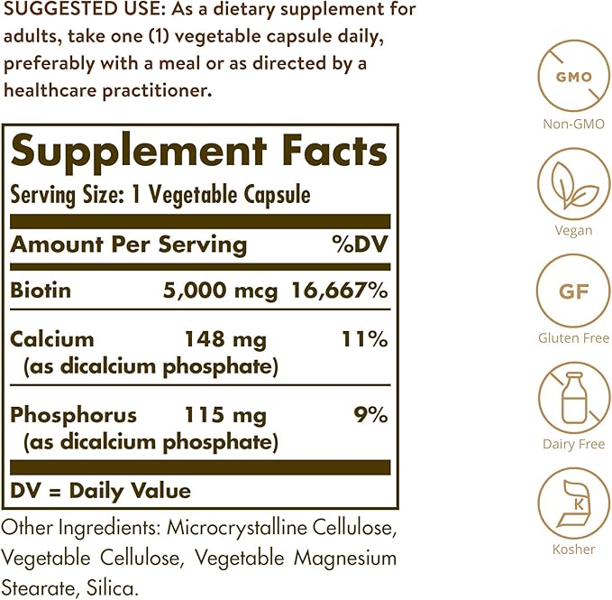 Solgar Biotin 5000 mcg,100 Veg Caps-Promote Healthy Skin,Nails&Hair-Supports Energy Production,Protein,Carbohydrate&Fat Metabolism-Vitamin B-Non GMO,Vegan,Gluten Free-100 Servings,(Pack of 2)