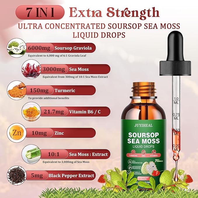 7-in-1 Soursop Bitters Liquid, Soursop Oil with Sea Moss & Turmeric & Vitamin for Immune & Digestive & Cell Support, Sugar-Free | Non-GMO | Vegan (2 Fl oz) Strawberry