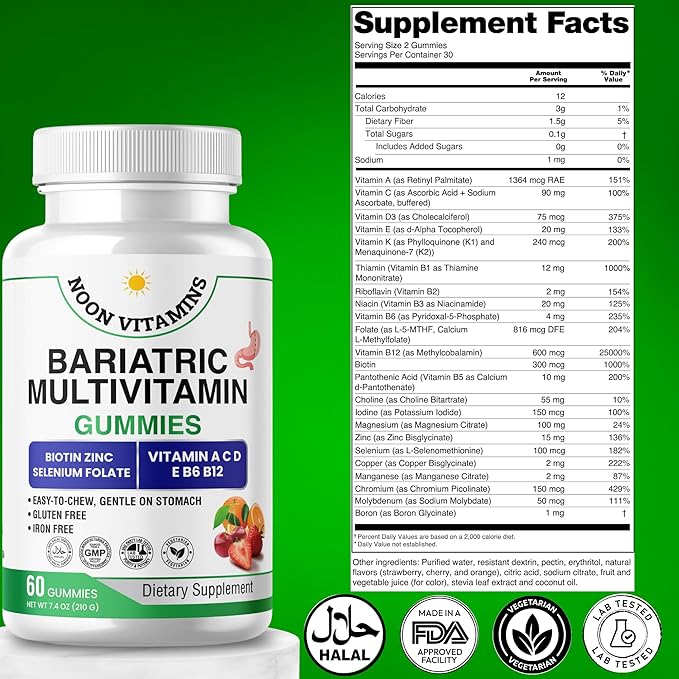 Bariatric Multivitamin Gummies | High Potency Iron Free with Methylated B12 & Folate | Daily Nutritional Support for Bariatric Lifestyle | Women & Men | 60 Gummies (30-Day Supply) | Halal Certified