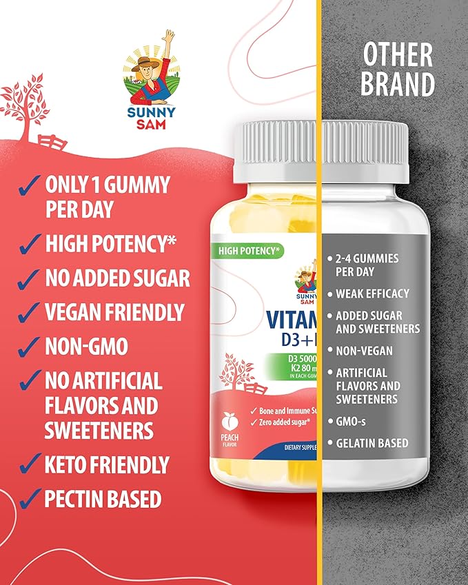 SUNNY SAM Sugar-Free Vitamin D3 K2 Gummies 5000 IU - Immune & Bone Support - Vitamin D Gummy Supplement for Adults - High-Absorption, Vegan, Halal, Gluten-Free Chewable Vitamins - 30 Count