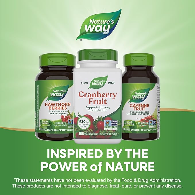 Nature's Way Cranberry Fruit, Cranberry Supplements, Supports Urinary Tract Health*, 930 mg per 2-Capsule Serving, 100 Capsules (Packaging May Vary)