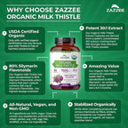Zazzee USDA Organic Milk Thistle 30:1 Extract, 80% Silymarin, 90 Vegan Capsules, 3 Month Supply, Certified Kosher, High Potency Liver & Antioxidant Support, Silybum Marianum, Non-GMO, Made in the USA