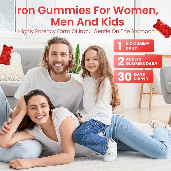 Iron Gummies for Women & Men - Iron Supplement with Multivitamin for Adults & Kids - Support Blood Builder, Energy, Iron Deficiency & Anemia - Sugar Free Iron Gummies Mixed Berry Flavor 60 ct