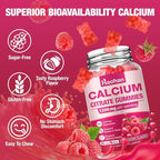 Calcium Citrate Gummies 1200mg - Sugar-Free Chewable Supplement for Women & Men with Bone, Muscle & Immune Support - Raspberry Flavor, 60 Count