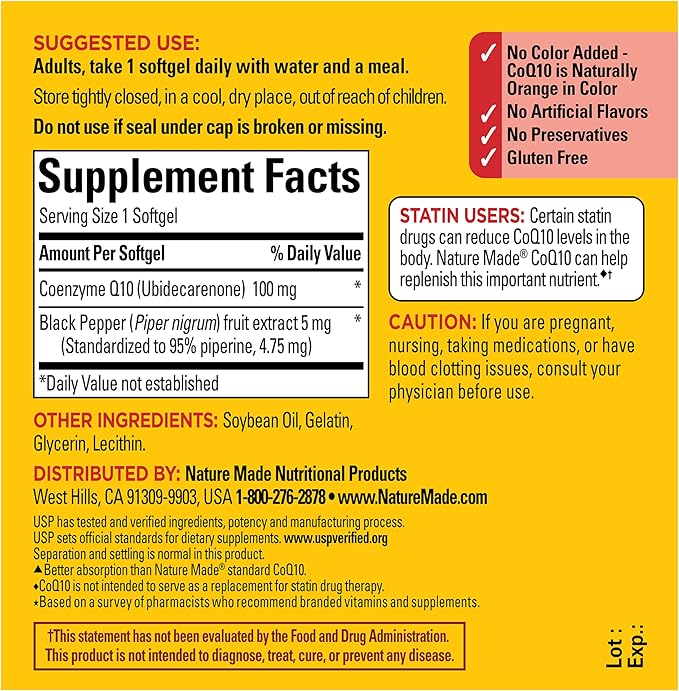 Nature Made CoQ10 100mg with Black Pepper Extract for Enhanced Nutrient Absorption, Dietary CoQ10 Supplement for Heart Health Support, 30 Softgels, 30 Day Supply