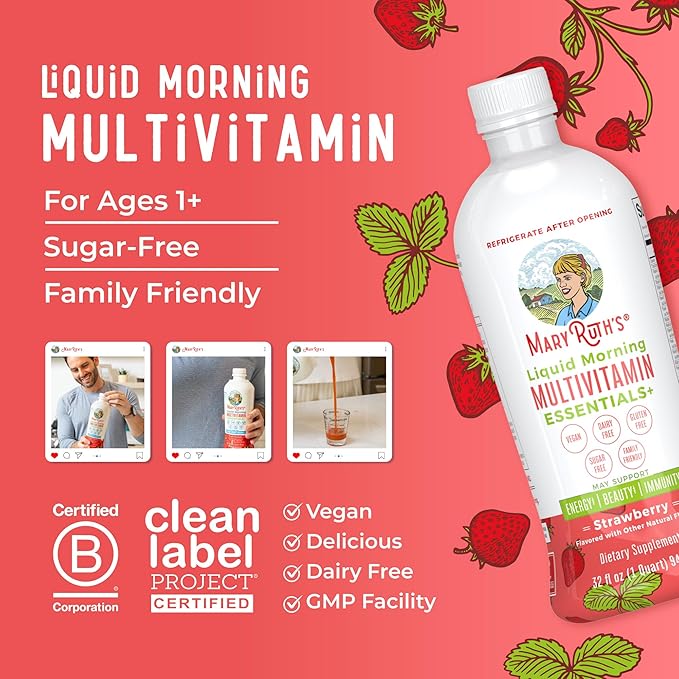 MaryRuth's Liquid Morning Multivitamin Essentials+ | Vitamin A C D E B6 B12 K2 Biotin Zinc | Mens Womens Multivitamin | Immune Support | Beauty | Sugar Free | Vitamins for Ages 1+ | Vegan | 32 Fl Oz