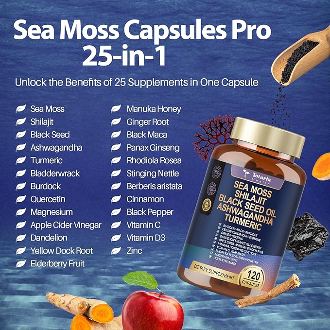 Totaria 25-in-1 Sea Moss Capsules, 120 Capsules per Bottle, 2 Bottles