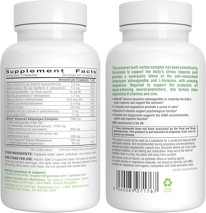 Igennus High Strength Ashwagandha, Magnesium, & L-Theanine Stress Relief Complex, KSM-66 Root Extract Adaptogens, Boosted with Methylfolate, Zinc & Biotin Clean Label, 60 Fast Acting Capsules