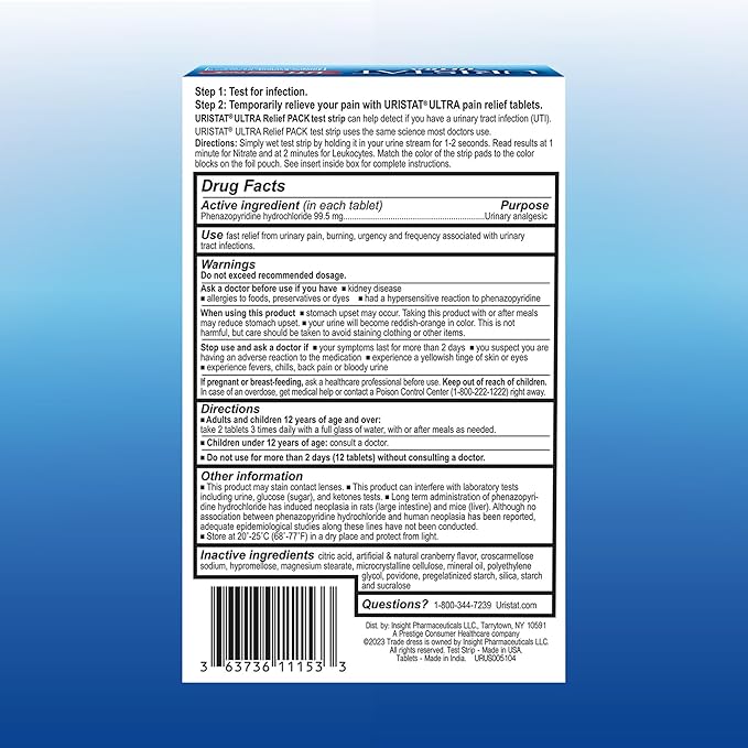Uristat Ultra Strength Urinary Tract Infection Treatments and Test Relief Kit – 1 UTI Test Strip & 12 Cranberry Flavor Relief Tablets to Ease Urinary Pain, Burning & Urgency