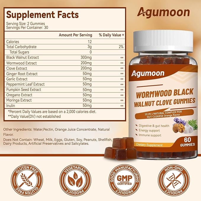 10-in-1 Wormwood Black Walnut Clove Gummies for Adults,Herbal Supplement for Gut Cleanse & Digestive Wellness with Garlic,Turmeric,Pumpkin Seed,Oregano,Moringa,120 Gummies
