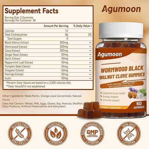 10-in-1 Wormwood Black Walnut Clove Gummies for Adults,Herbal Supplement for Gut Cleanse & Digestive Wellness with Garlic,Turmeric,Pumpkin Seed,Oregano,Moringa,120 Gummies