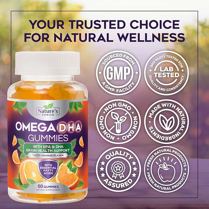 Omega 3 Fish Oil Gummies - Triple Strength Omega3 Gummy - DHA & EPA Fatty Acids for Heart Health, Joint & Brain Support, Nature's High Absorption Omega Fish Oil Supplement, Orange Flavor- 60 Gummies
