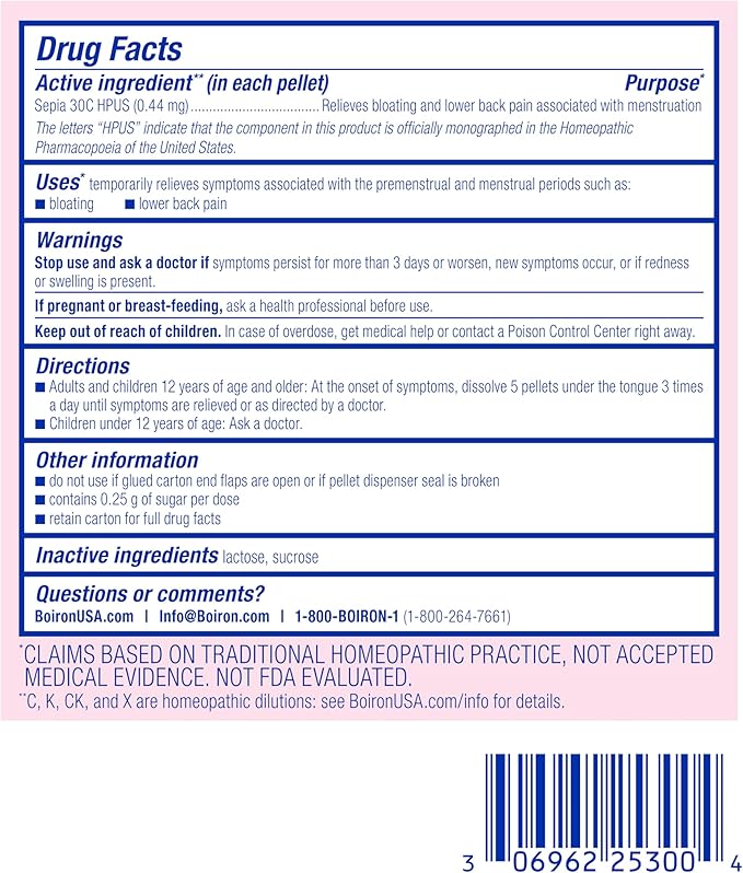 Boiron Sepia 30C Homeopathic Medicine for PMS and Menstrual Symptom Relief - Bloating and Lower Back Pain During Menstruation - 3 Count (240 Pellets)