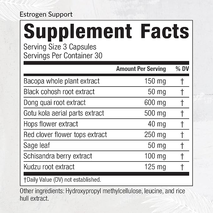 Equilife Estrogen Support, Herbal Blend Womens Supplement with Black Cohosh, Red Clover, and Gotu Kola for Overall Wellness, Plant Based Formula for Daily Support, Gluten Free, Non GMO, 90 Capsules